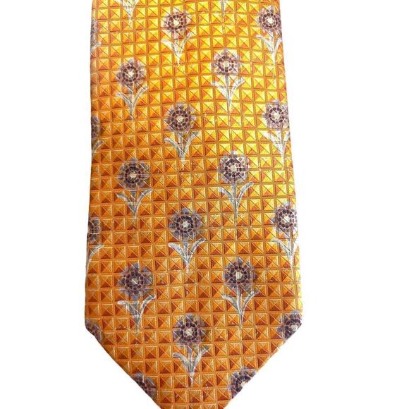 Ermenegildo Zegna 100% Silk Tie with Orange Geographic Print with Flowers NWOT - Picture 1 of 5